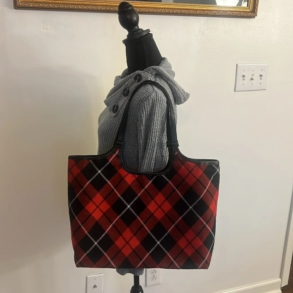Victoria's Secret Plaid Flannel Red and Black Tote with Large Embroidered Logo - Picture 4 of 8